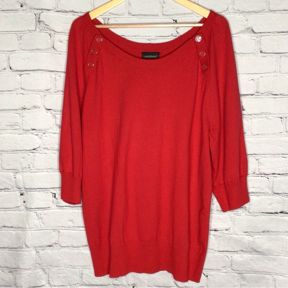 Lane Bryant Red 3/4 Sleeve Pullover Sweater Decorative Button Detail 22/24